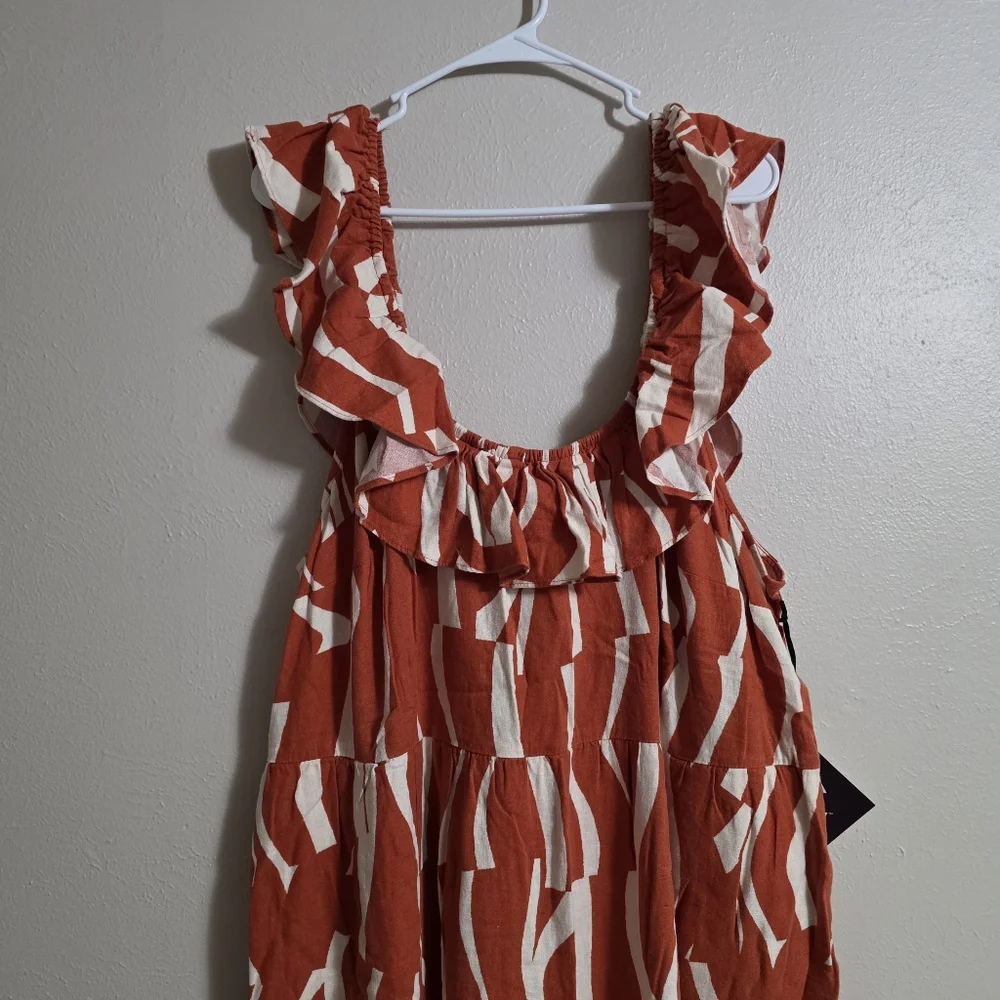 Ava & Viv Linen Blend Abstract Rust Ruffle Midi Dress Smocked Back Rayon Cruise - Picture 8 of 11